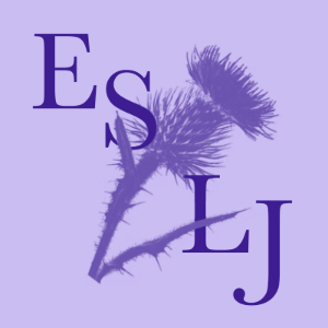 A dark purple thistle on a plain lilac background with the acronym ESLJ.